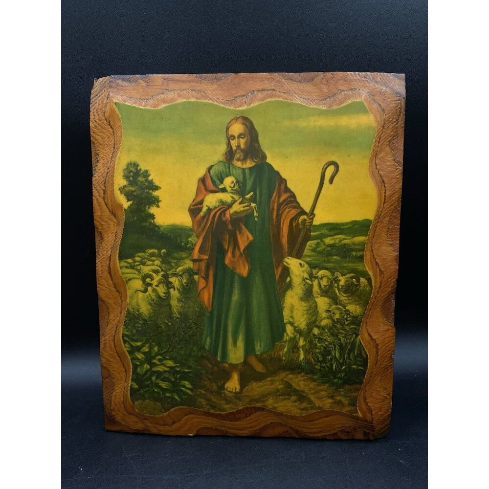 Shepherd Jesus Lamb Staff Decoupage Wood Religious Decor Wall Art 9.5” x 11.5”